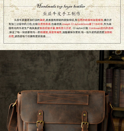 Men's Messenger Bag Handmade Genuine Cowhide Leather Crazy Horse Korean Fashion Crossbody Bag Shoulder Bag 