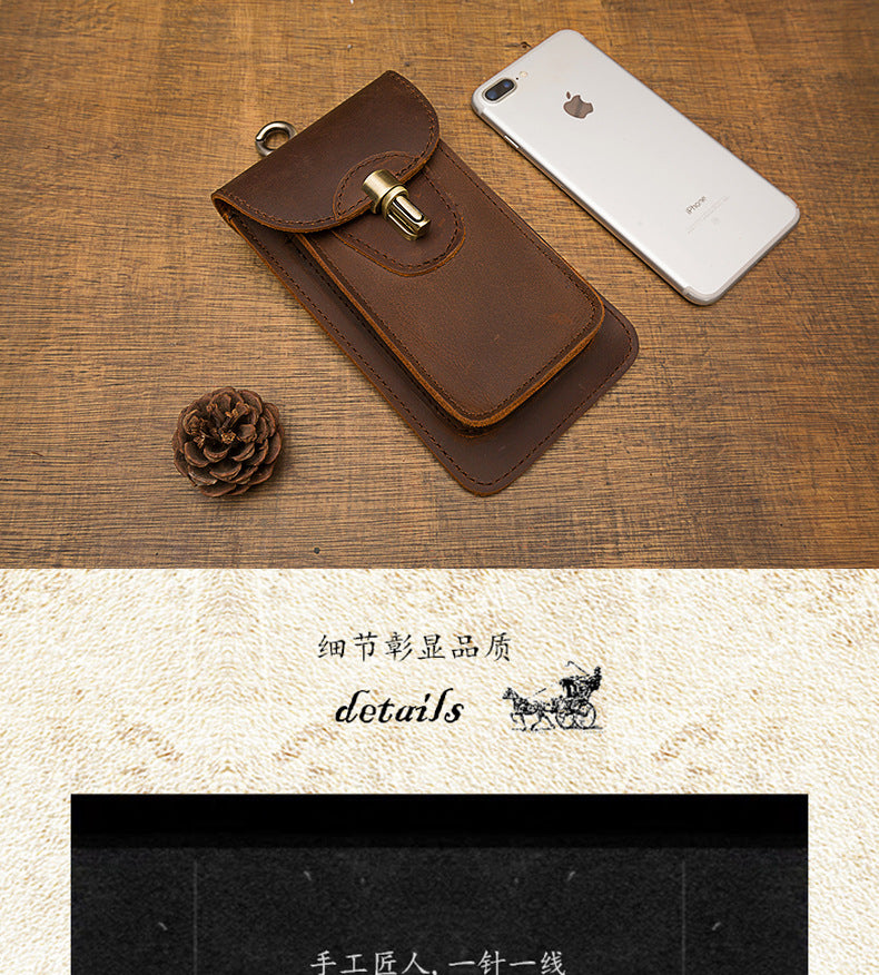 Men's Smartphone Pouch Waist Pouch Handmade Cow Leather Crazy Horse High Quality Men's Mini Bag Mobile Phone Bag 