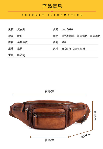 Men's Waist Pouch Genuine Cowhide Leather Retro Casual Bust Bag for Men 