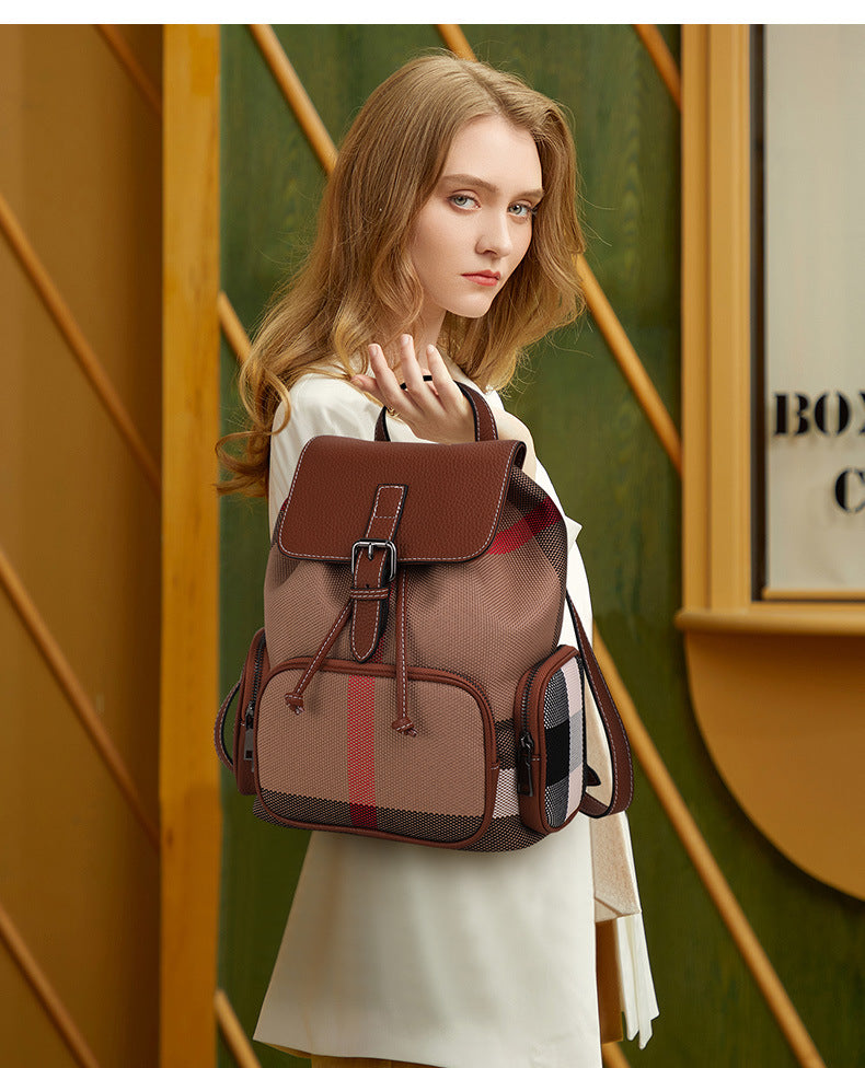 Ladies bag Cowhide luxury double shoulder bag Plaid bag Retro rucksack with leather