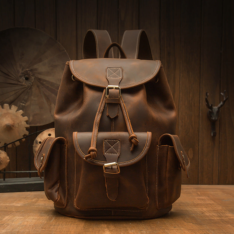 Men's Backpack Cowhide Genuine Leather Handmade Crazy Horse Retro Fashion Outdoor Travel Bag 