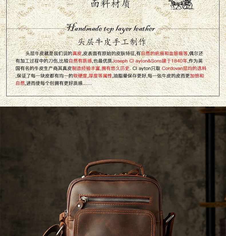 Men's Shoulder Bag Handbag Genuine Cowhide Leather Handmade Crazy Horse Retro Casual Fashion Business Crossbody Bag 