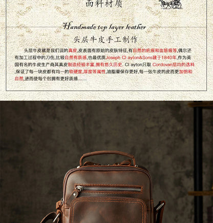 Men's Shoulder Bag Handbag Genuine Cowhide Leather Handmade Crazy Horse Retro Casual Fashion Business Crossbody Bag 