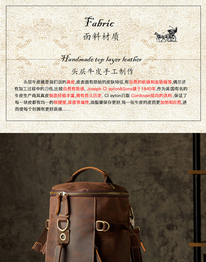 Men's Rucksack Genuine Cowhide Leather Handmade Crazy Horse Original Retro Large Capacity Travel Bag 