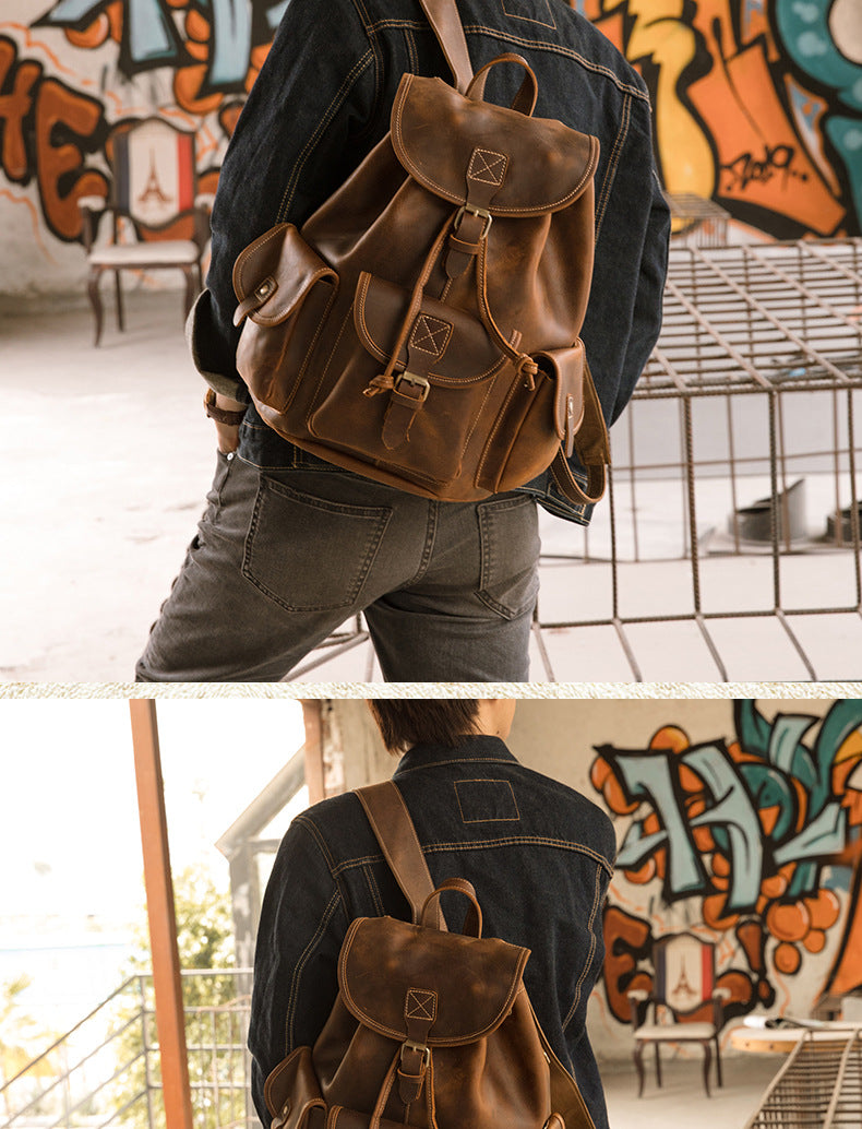 Men's Backpack Cowhide Genuine Leather Handmade Crazy Horse Retro Fashion Outdoor Travel Bag 