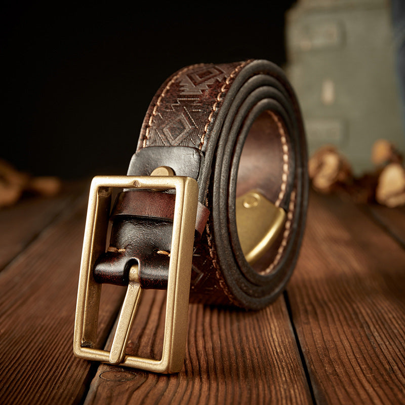 Men's Belt Cowhide Genuine Leather Vintage Handmade Double Sided Dual-use Needle Buckle Work Wear Jeans Fashion Belt for Men 