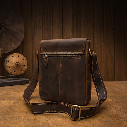 Men's Shoulder Bag Cowhide Genuine Leather Crazy Horse Retro Unique Casual Fashion Crossbody Bag for Men 