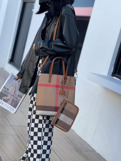 Ladies plaid canvas bag handbag parent-child bag fashionable trend vertical bucket bag shoulder bag high quality