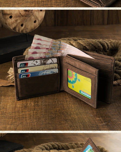 Men's Short Wallet Original Cowhide Genuine Leather Card Holder Retro Men's Wallet Card Bag 