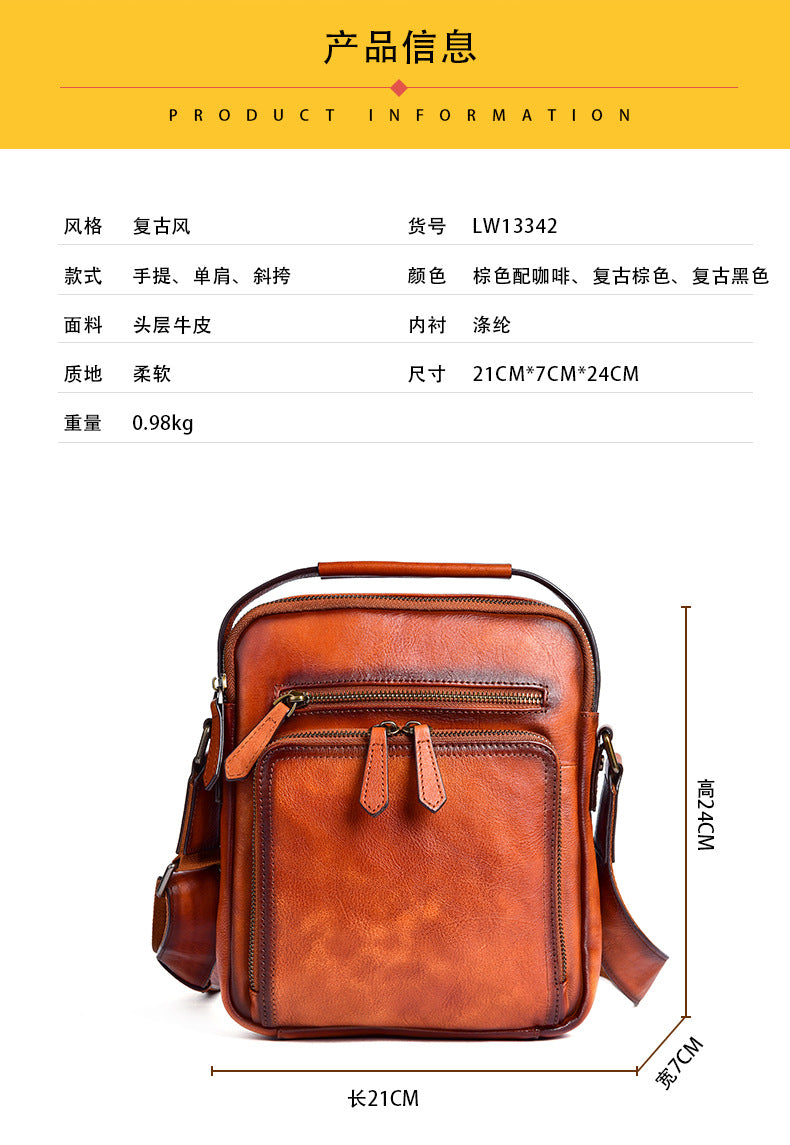 Men's Shoulder Bag Genuine Cowhide Leather Retro Casual Male Crossbody Bag 