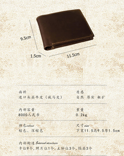 Men's Short Wallet Original Cowhide Genuine Leather Card Holder Retro Men's Wallet Card Bag 