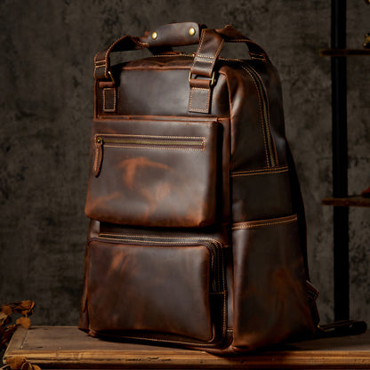 Men's Backpack Handmade Cowhide Genuine Leather Crazy Horse Retro Large Capacity Computer Bag Casual Fashion Business Travel Bag 