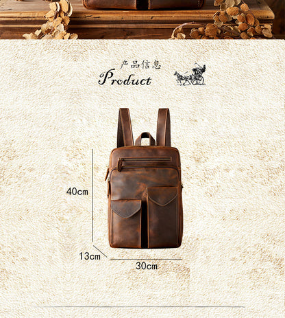 Men's Backpack Genuine Cowhide Leather Crazy Horse Handmade Original Travel Bag Retro Casual Men's Bag 