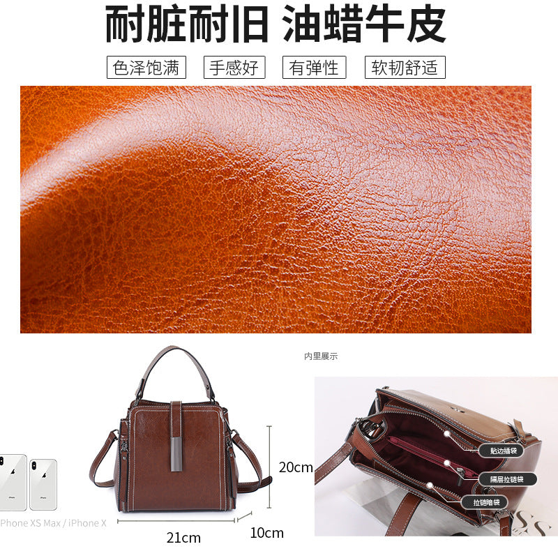 Genuine leather women's bag Stylish handbag bucket bag Cowhide commuting shoulder bag that goes with anything. Pochette