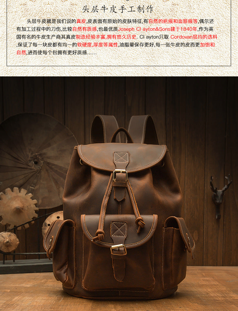 Men's Backpack Cowhide Genuine Leather Handmade Crazy Horse Retro Fashion Outdoor Travel Bag 