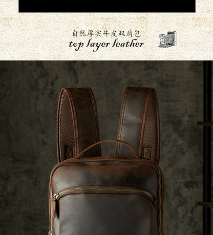 Men's Rucksack Genuine Cowhide Leather Handmade Casual Large Capacity Men's Business Bag Travel Bag 