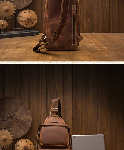 Men's Bust Bag Handmade Genuine Cowhide Leather Crazy Horse Retro Fashion Casual Crossbody Bag Shoulder Bag 