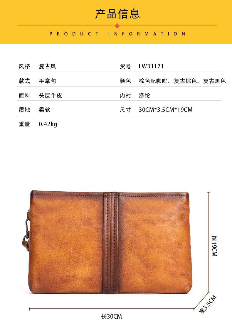 Men's Clutch Bag Genuine Cowhide Leather Retro Casual Men's Handbag 