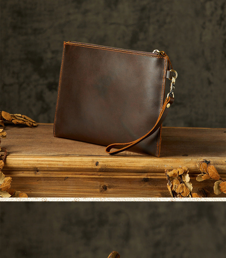 Men's Wallet Handcrafted Genuine Cowhide Leather Retro Zipper Simple Clutch Bag Men's Wallet 