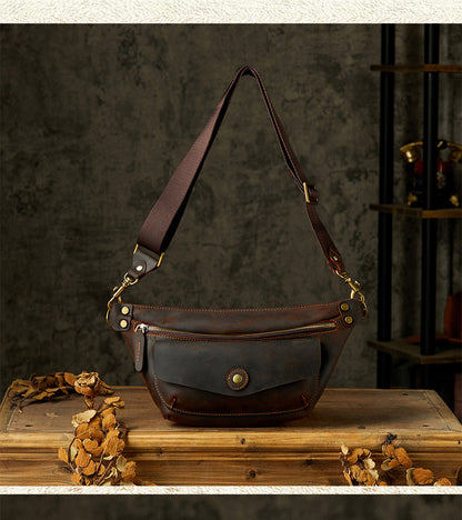 Men's Bust Bag Handmade Cowhide Genuine Leather Unique Waist Pouch Retro Casual Fashion Men's Crossbody Bag Shoulder Bag 