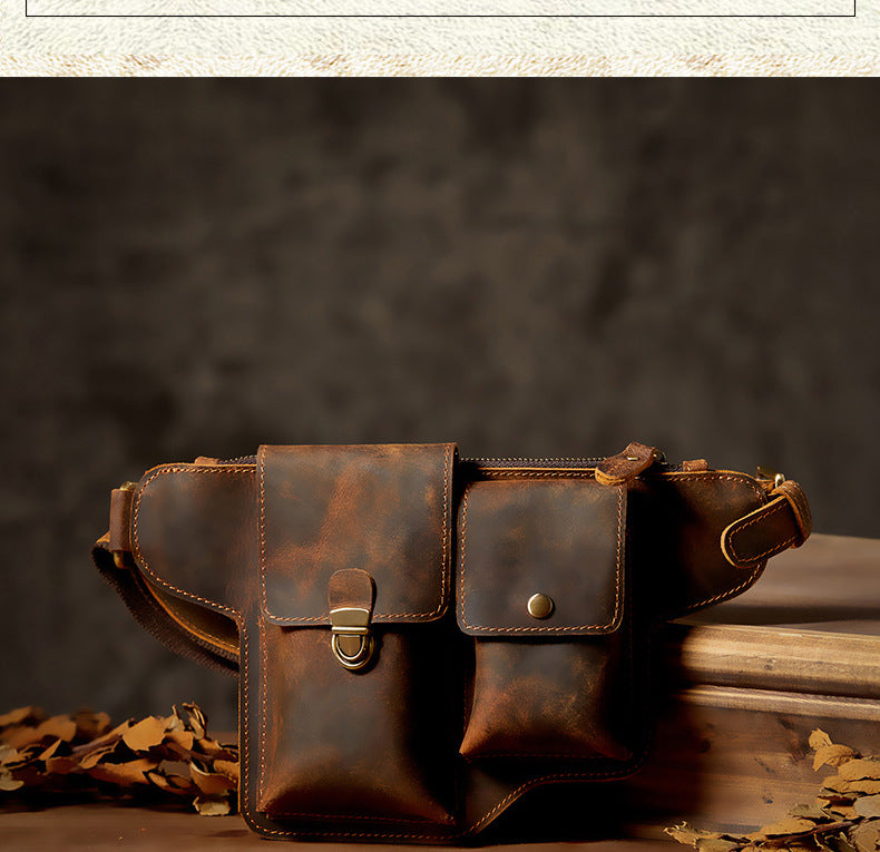 Men's Waist Pouch Handmade Cowhide Genuine Leather Retro Smartphone Pouch Outdoor Sports Men Crossbody Bag 