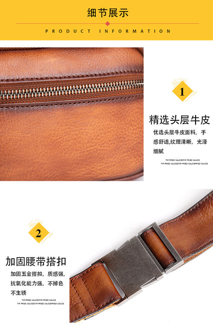 Men's Waist Pouch Genuine Cowhide Leather Retro Casual Bust Bag for Men 