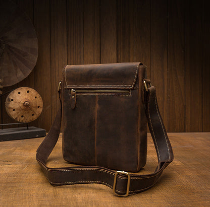 Men's Shoulder Bag Cowhide Genuine Leather Crazy Horse Retro Unique Casual Fashion Crossbody Bag for Men 