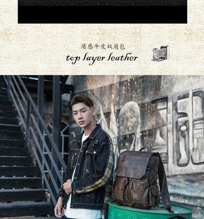 Men's backpack original design handmade cowhide genuine leather Korean fashion casual individuality school style bag for men 