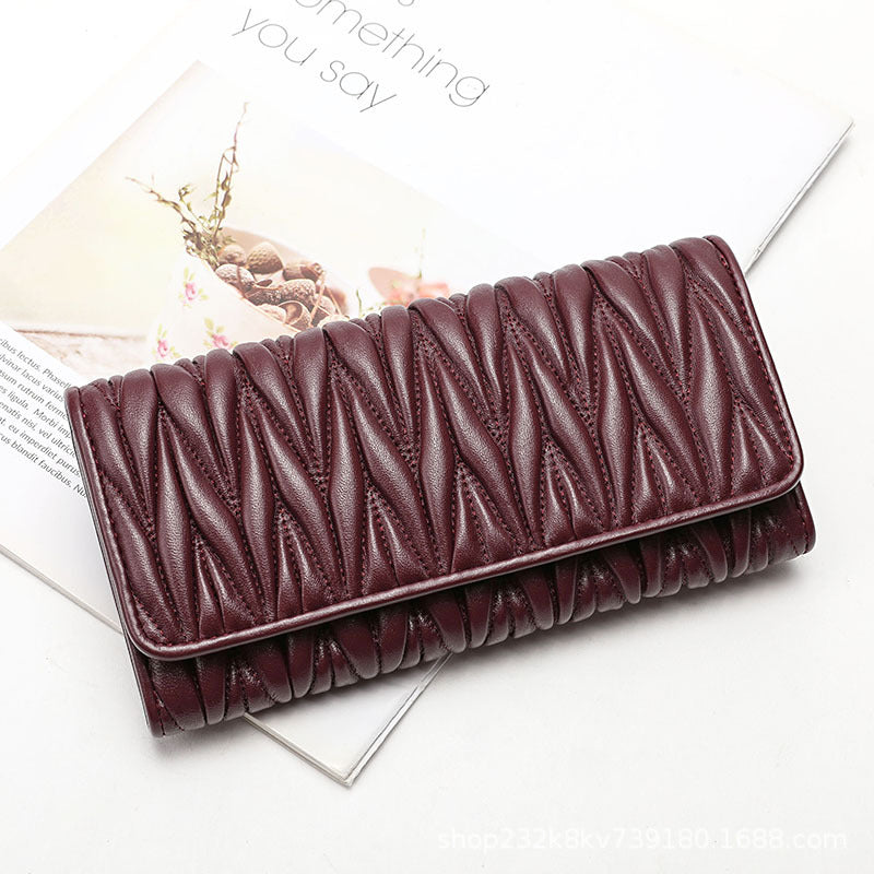 Women's Wallet Sheep Leather Clutch Bag Pleated Genuine Leather Long Wallet Fashion Wallet Women's Wallet