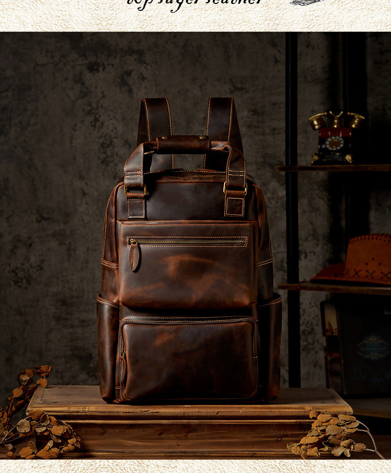 Men's Backpack Handmade Cowhide Genuine Leather Crazy Horse Retro Large Capacity Computer Bag Casual Fashion Business Travel Bag 