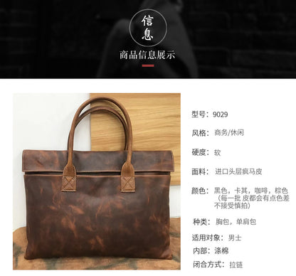 Men's Handbag Cowhide Genuine Leather Business Casual Fashion Retro File Bag Men's Crossbody Shoulder Bag Briefcase 