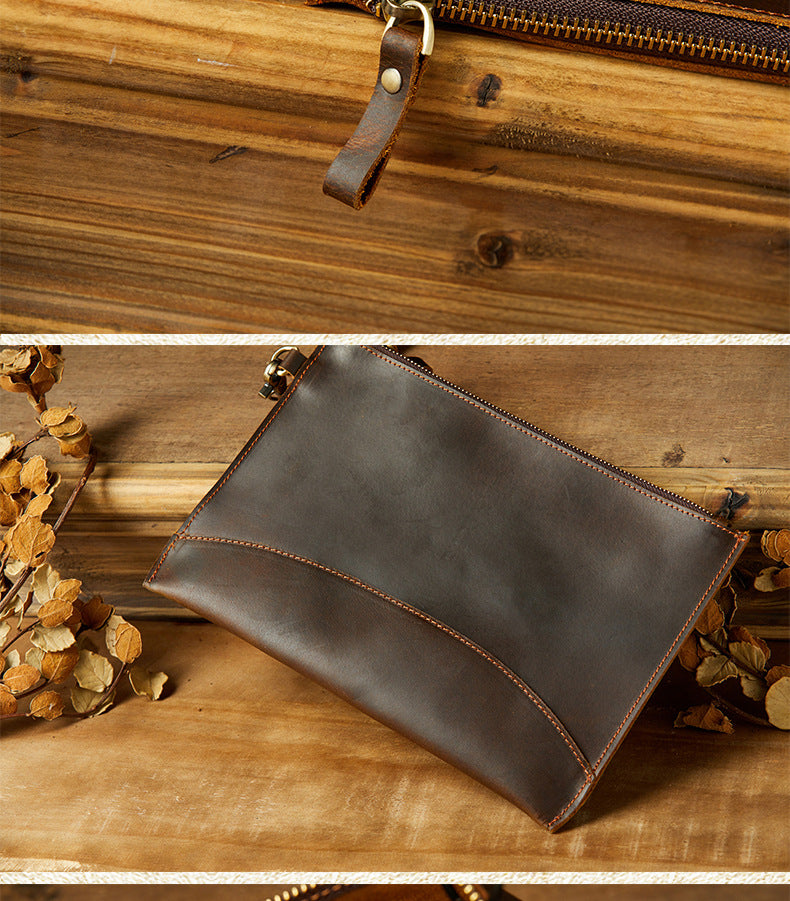 Men's Wallet Handcrafted Genuine Cowhide Leather Retro Zipper Simple Clutch Bag Men's Wallet 