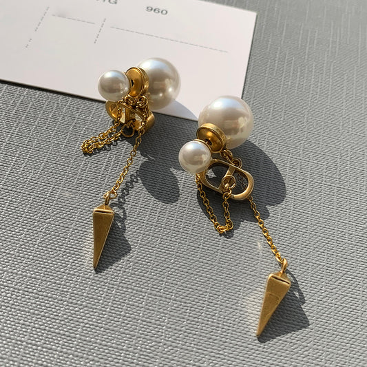 D CD Pearl Earrings Women Long Fringe Retro Earrings Unique Earrings