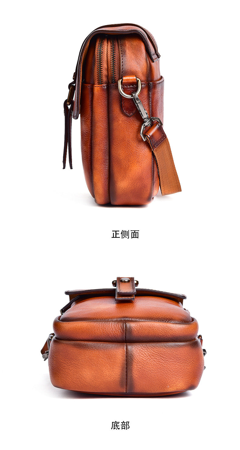 Men's Shoulder Bag Genuine Cowhide Leather Retro Casual Unisex Crossbody Bag 