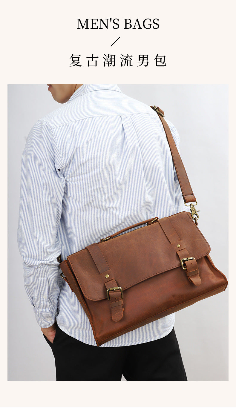 Men's Shoulder Bag Briefcase Retro Cowhide Crazy Horse Commuter Casual Crossbody Bag for Men Computer Bag 