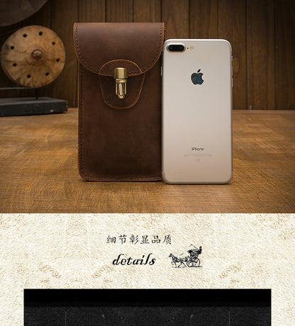 Men's Smartphone Pouch Handcrafted Genuine Cowhide Leather Crazy Horse Multifunctional Waist Pouch Men's Mini Bag 