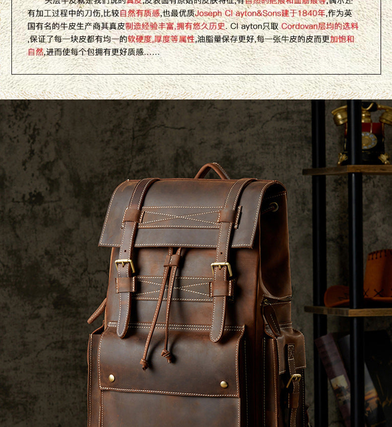 Men's Rucksack Cowhide Large Capacity Handmade Unique Retro Casual Travel Bag for Men 