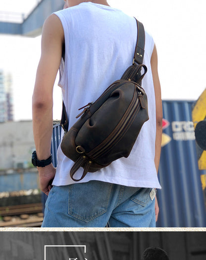 Men's Bust Bag Genuine Cowhide Leather Handmade Casual Vintage Unique Korean Fashion Crossbody Bag for Men 