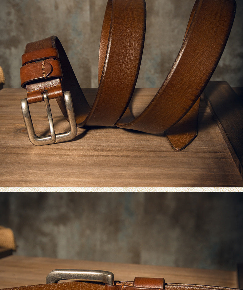 Men's Belt Genuine Cowhide Leather Handmade Needle Buckle Simple Casual Vintage Fashion Men's Belt 