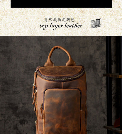 Men's Bust Bag Genuine Cowhide Leather Handmade Retro Fashion Unique Multifunctional Casual Crossbody Bag Shoulder Bag for Men 