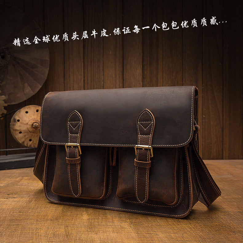 Men's Shoulder Bag Cow Leather Crazy Horse Handmade Retro Fashion Crossbody Bag 