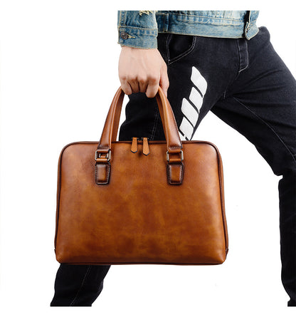 Men's Briefcase Genuine Cowhide Leather Retro Casual Men's Crossbody Bag Handbag 