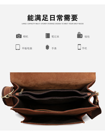 Men's Shoulder Bag Genuine Cowhide Leather Retro Briefcase Crossbody Bag for Men 