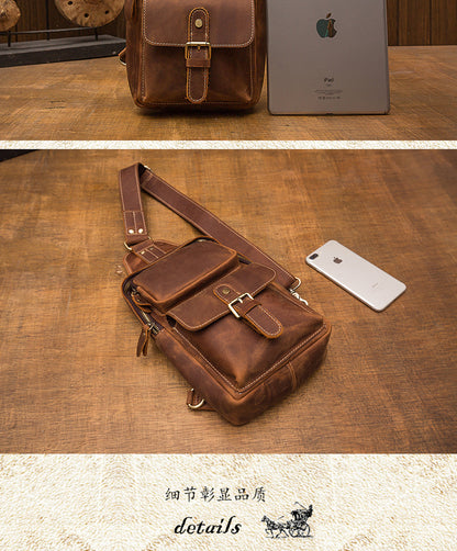 Men's Bust Bag Handmade Genuine Cowhide Leather Crazy Horse Retro Fashion Casual Crossbody Bag Shoulder Bag 