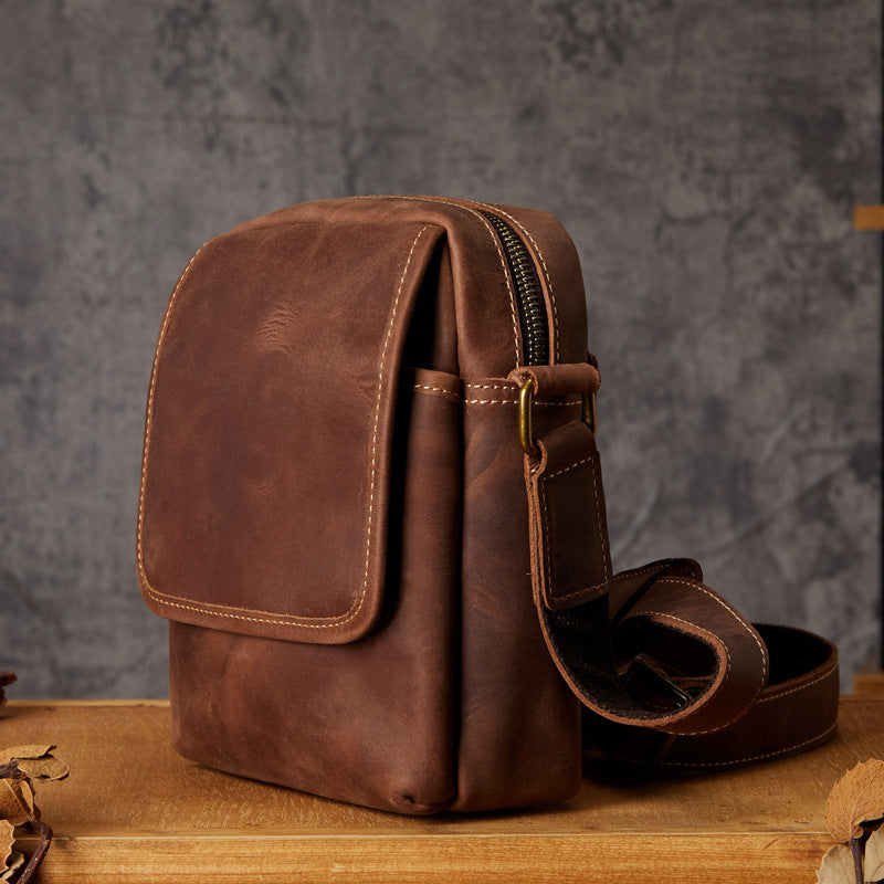 Men's Shoulder Bag Handmade Quality Genuine Cowhide Leather Crazy Horse Retro Unique Casual Fashion Crossbody Bag for Men 