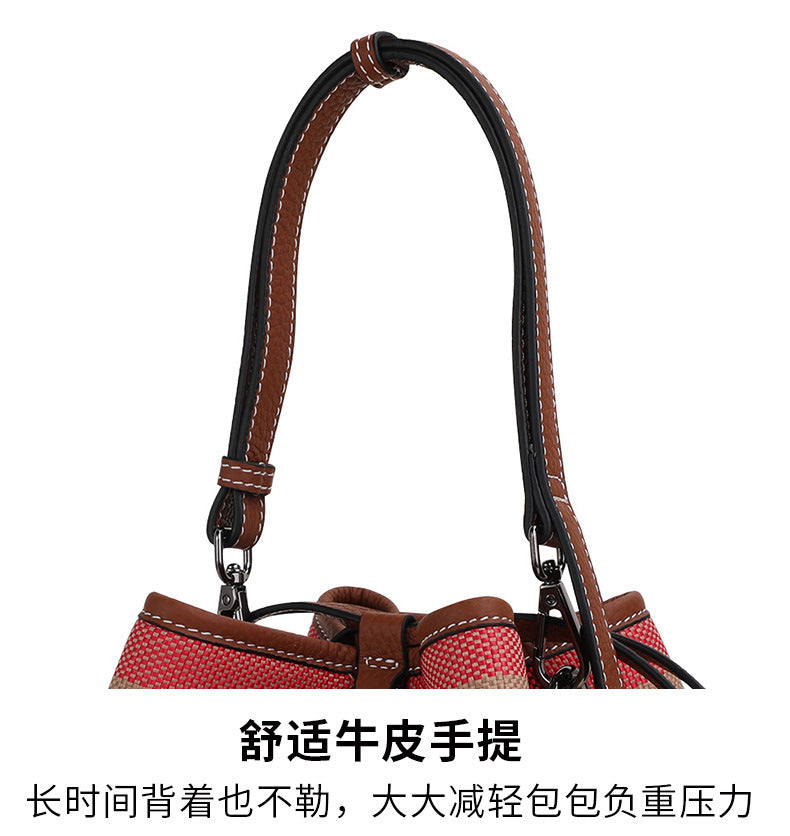 Ladies bag plaid cowhide leather bucket bag fashion color matching shoulder bag. Pochette