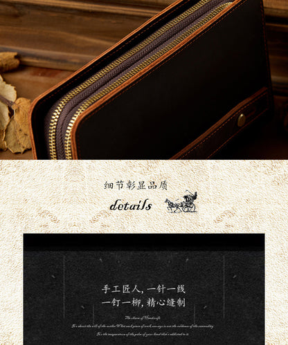 Men's Wallet Handcrafted Genuine Cowhide Leather Quality Crazy Horse Double Zipper Clutch Bag Casual Men's Wallet 