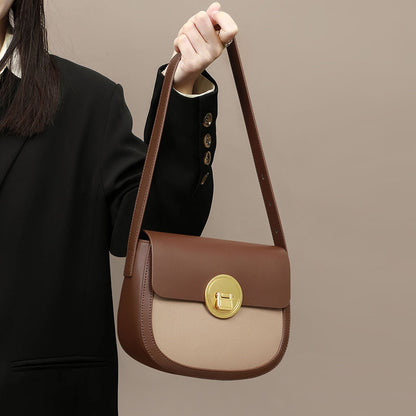 Crossbody Saddle Bag Fashion Luxury Underarm Bag Genuine Leather Women Color Matching Shoulder Bag.Pochette