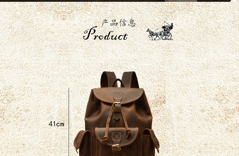 Men's Backpack Cowhide Genuine Leather Handmade Crazy Horse Retro Fashion Outdoor Travel Bag 