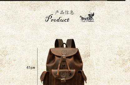 Men's Backpack Cowhide Genuine Leather Handmade Crazy Horse Retro Fashion Outdoor Travel Bag 